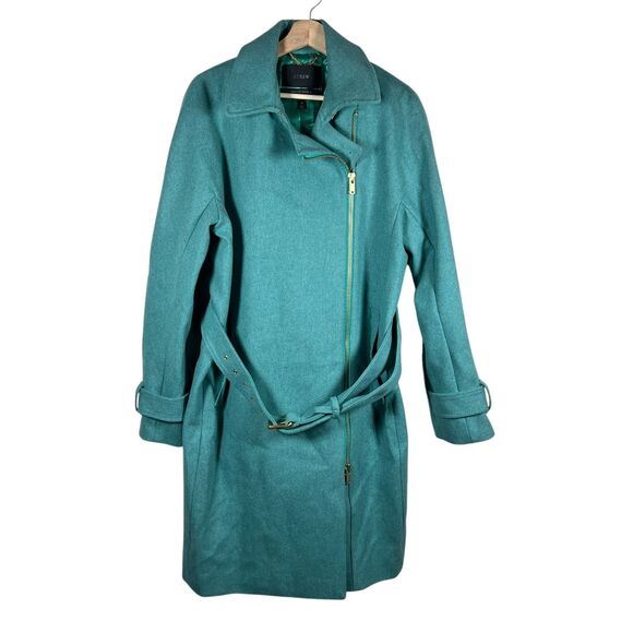 J.Crew Melton Wool Belted Zip Trench Coat Womens Size 16 Teal Blue Preppy - Picture 1 of 11